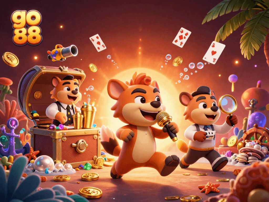 Engage in go 88's vibrant comedy casino scene with hyenas, floating cards, and treasure chests.