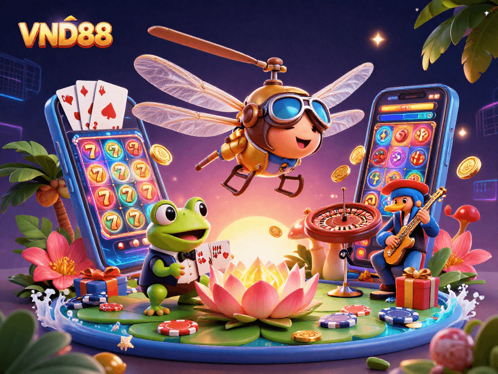 VND88 features an engaging scene with dragonfly pilot and frog croupier amidst vibrant casino action.