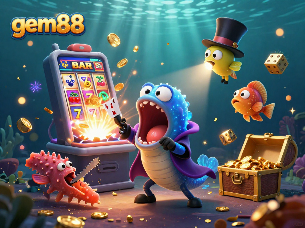 Experience thrilling gameplay at gem88 with a vibrant underwater casino scene showcasing unique characters.