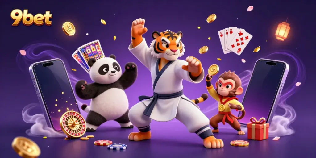 Experience the thrill of 9bet with a kung fu tiger and panda disciple amid exciting gaming elements.