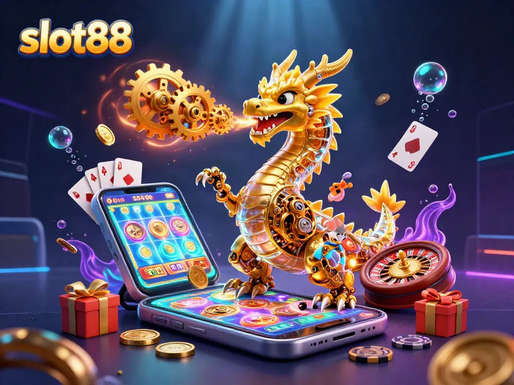 Engage with slot88's thrilling gameplay as golden coins erupt from a smartphone.