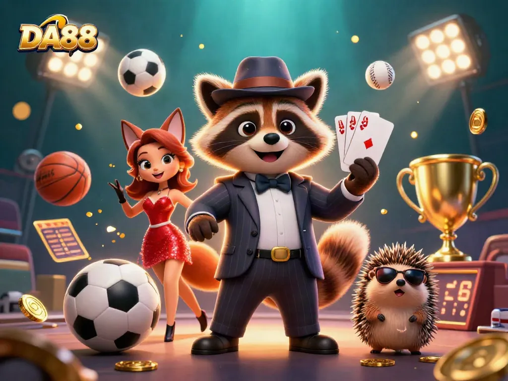 Experience DA88's vibrant gaming world with raccoon poker player and dynamic sports elements.