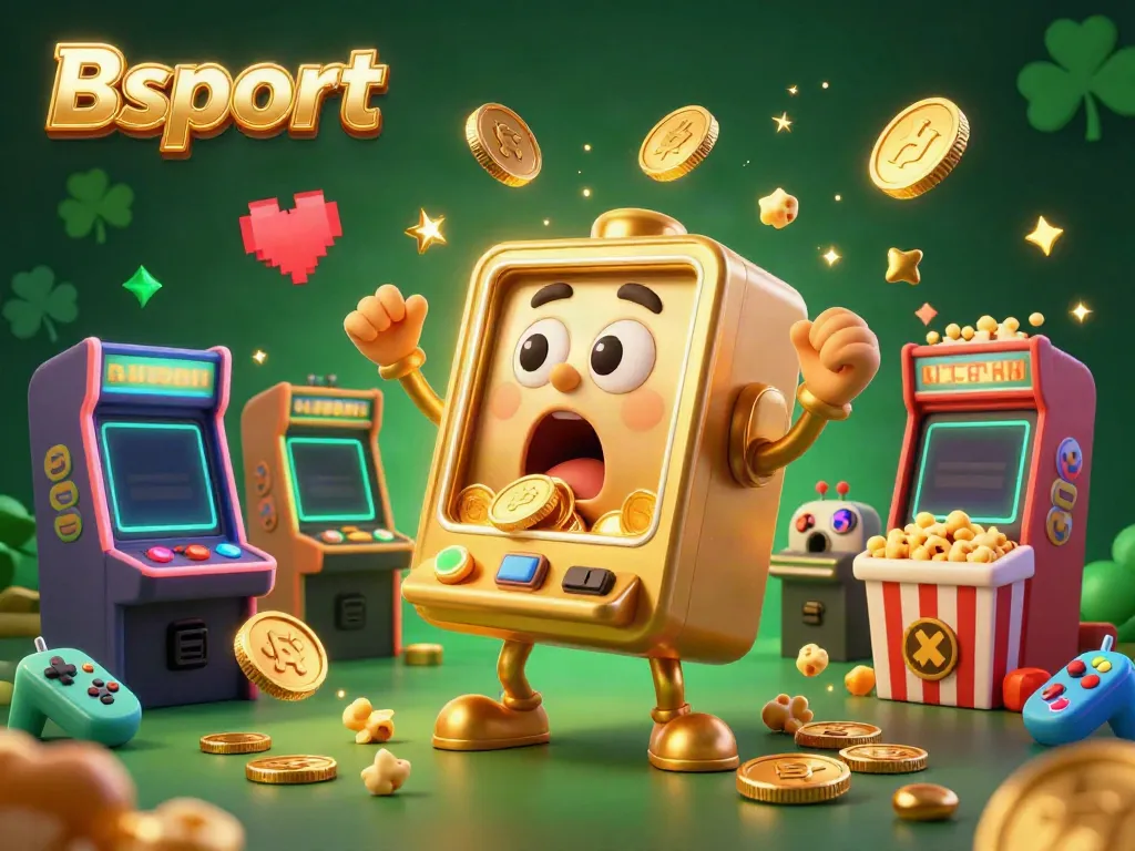 Catch the excitement as Bsport’s golden slot machine wins big, surrounded by cheering companions and arcade elements.