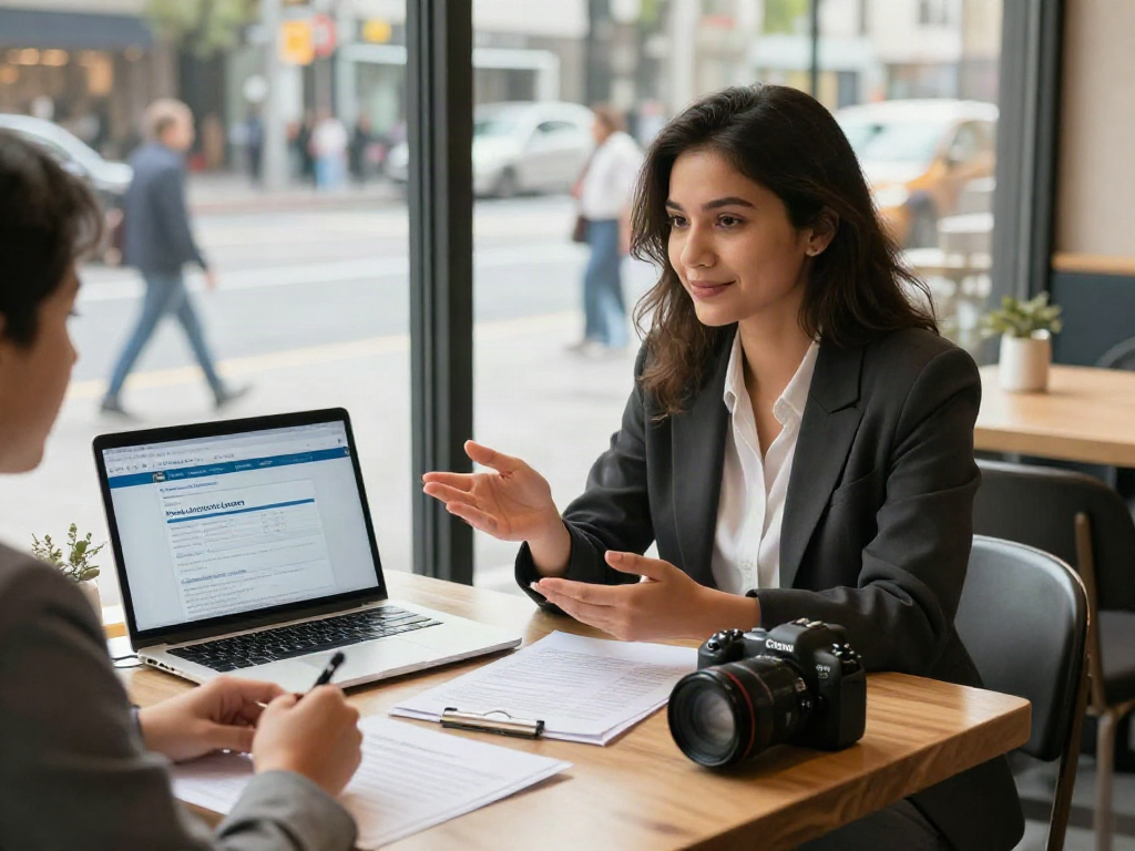Payday Loans Co Edmonton meeting at a café with financial documents and a laptop.