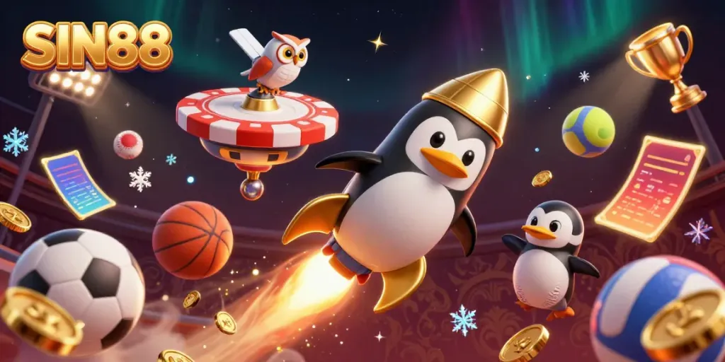 Experience the thrilling space adventure of SIN88 with a golden penguin, sports elements, and a poker chip casino in a dynamic 3D illustration.