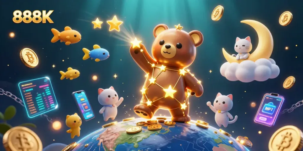 Play with 888K's online casino magic, featuring whimsical characters and vibrant game elements.