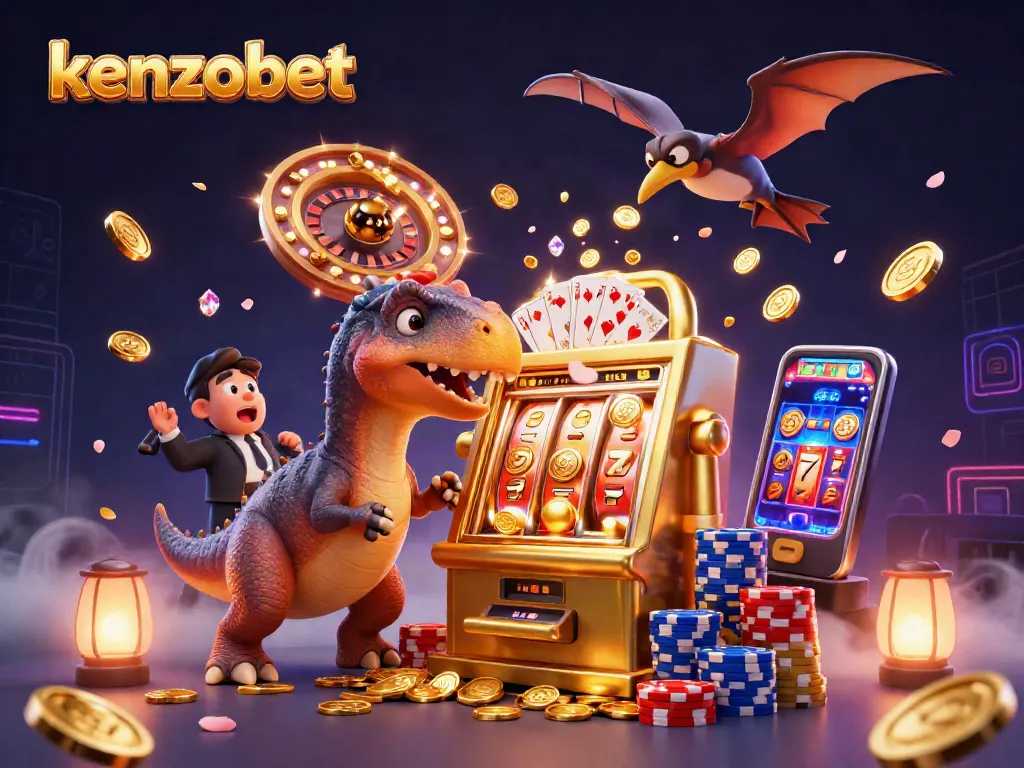 Kenzobet offers a thrilling casino experience featuring a pachycephalosaurus with a slot machine jackpot.