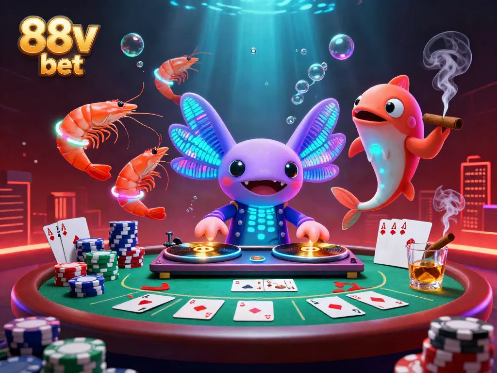 Experience the vibrant energy of gambling with 88v bet as neon creatures animate a poker scene.