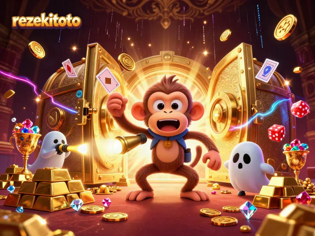 Engage with rezekitoto as a mischievous monkey juggles golden casino treasures in a thrilling scene.