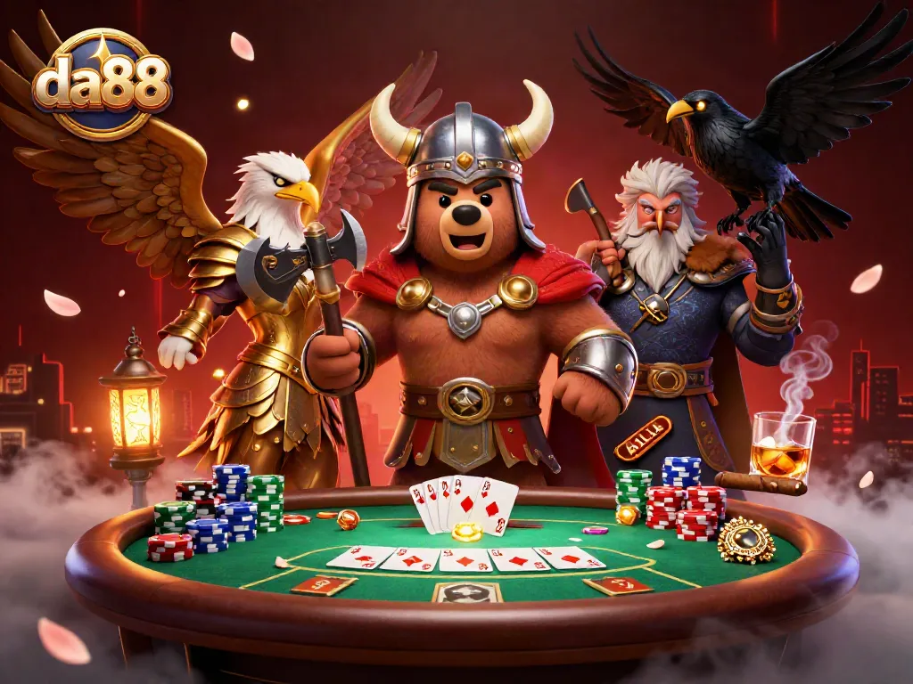 Engage with da88's lively gambling scene featuring a Viking berserker and Valkyrie eagle at a poker table.