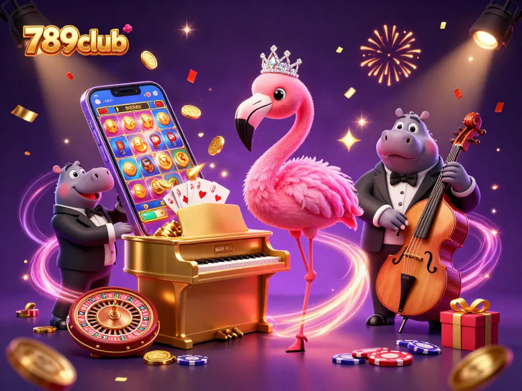 Engage with 789club through an extravagant scene showcasing a flamingo singer and hippo bassist in a lively casino.