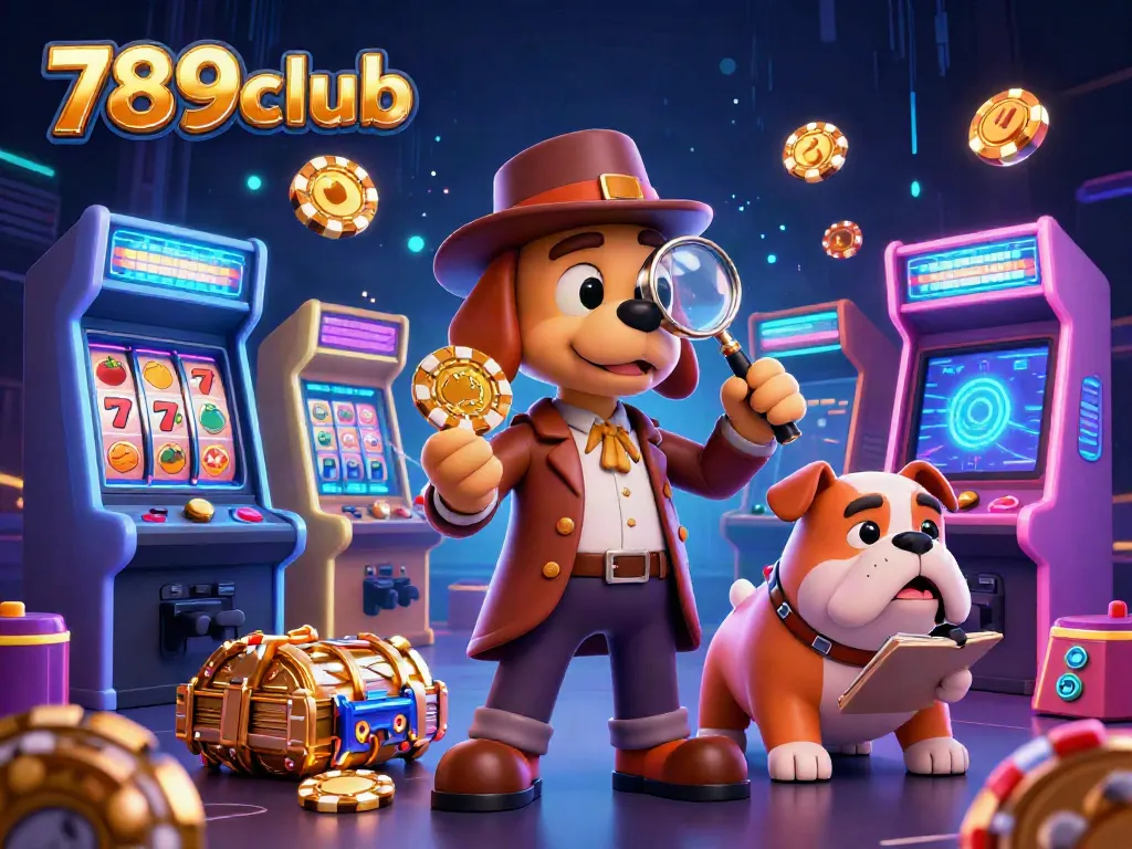 Experience the thrill of 789club with a cartoon detective uncovering golden poker chip clues in a vibrant casino scene.