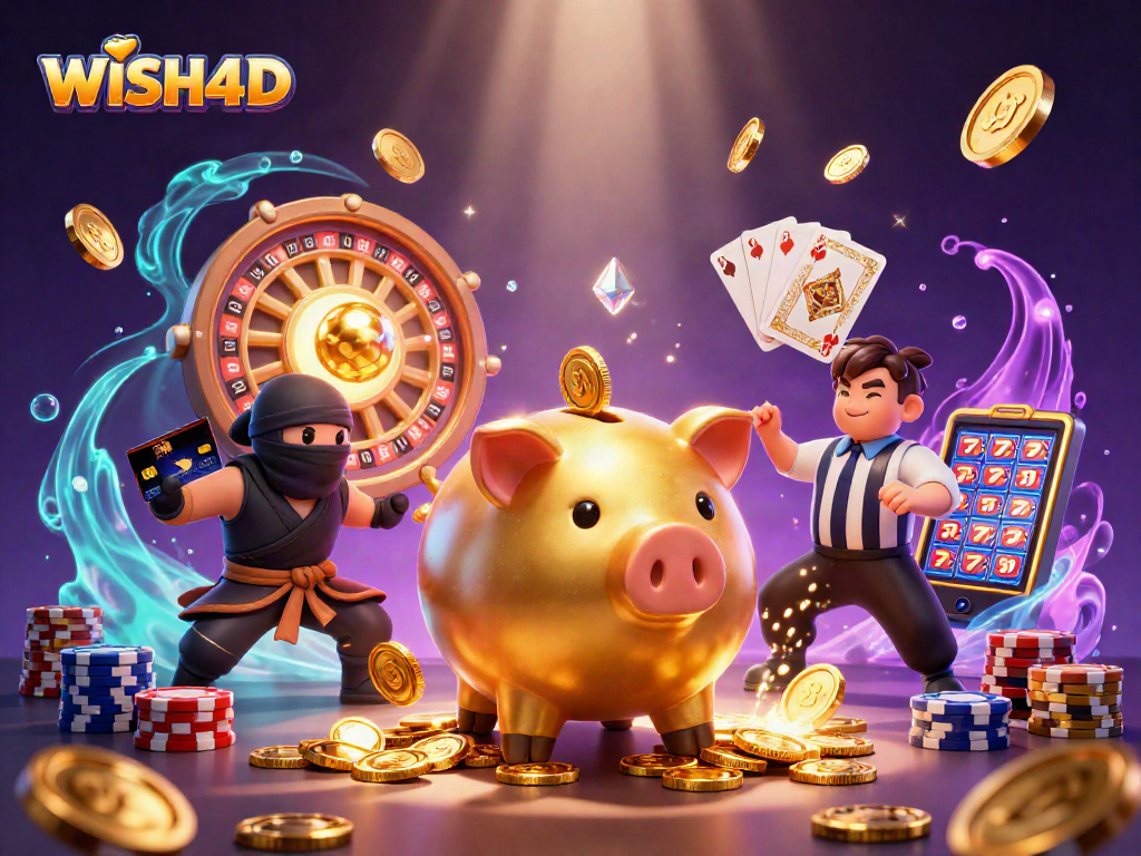 Join the excitement with WISH4D as a golden piggy bank sumo wrestler crushes obstacles in a vibrant casino setting.