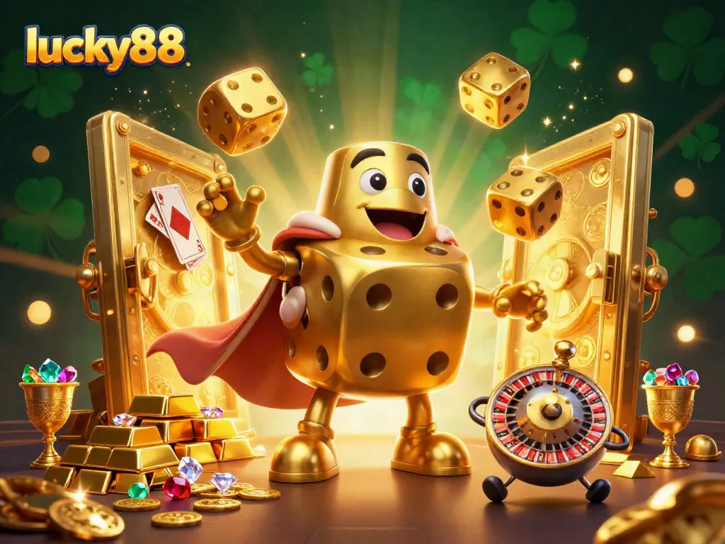 Engage with the vibrant world of lucky88, where a golden dice golem and friends showcase exhilarating gambling excitement amidst shining treasures.