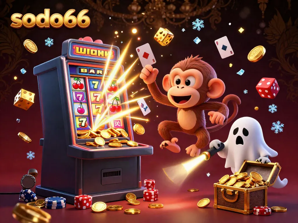 Experience the thrill of sodo66 with a playful monkey and ghost-hunter puppy amidst a vibrant casino explosion.
