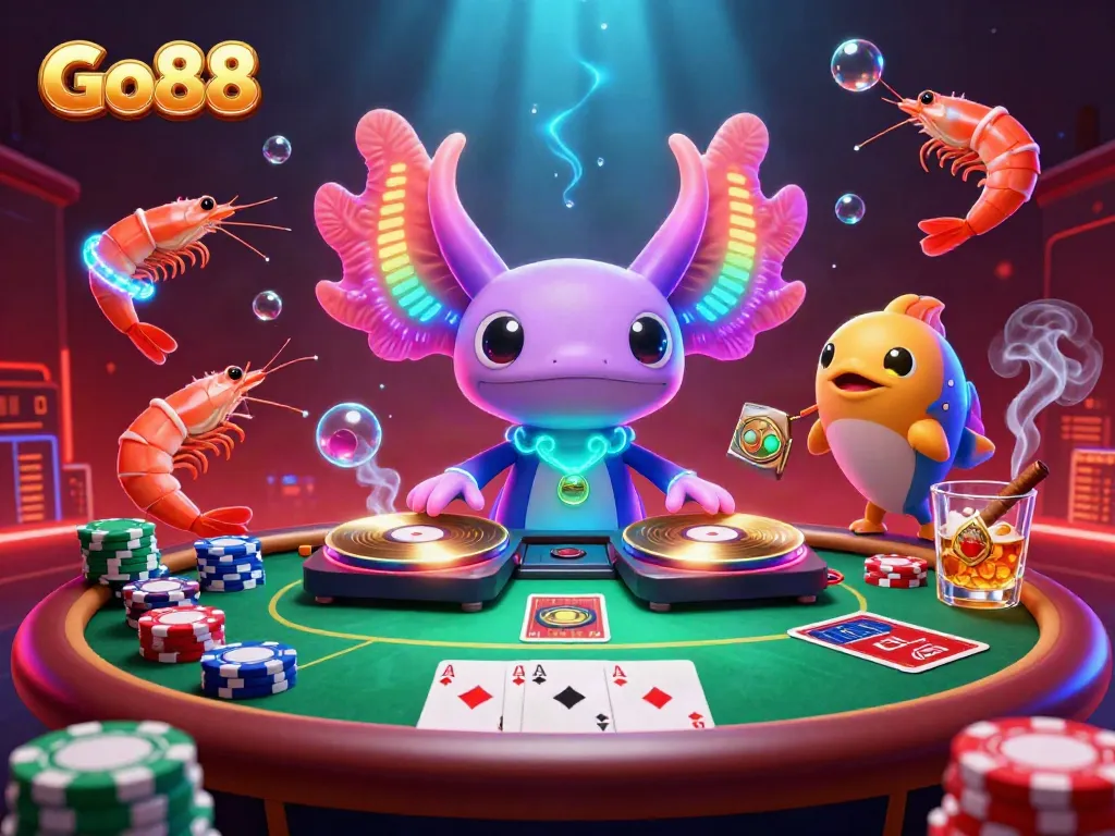 Engage in thrilling gameplay at Go88 with an exciting underwater casino scene featuring vibrant characters and poker elements.