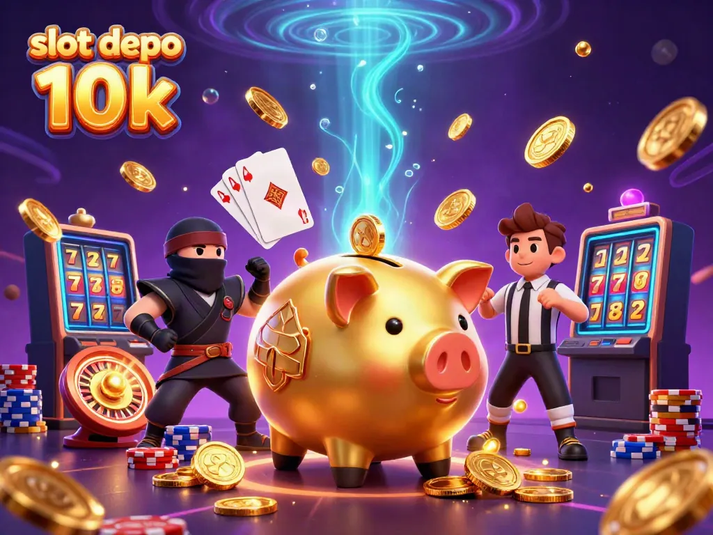 Experience the excitement of slot depo 10k with a dynamic 3D scene showcasing a piggy bank sumo wrestler and vibrant casino elements.