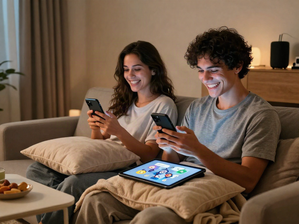 Couple enjoying AI sexting in a cozy living room, showcasing digital intimacy.