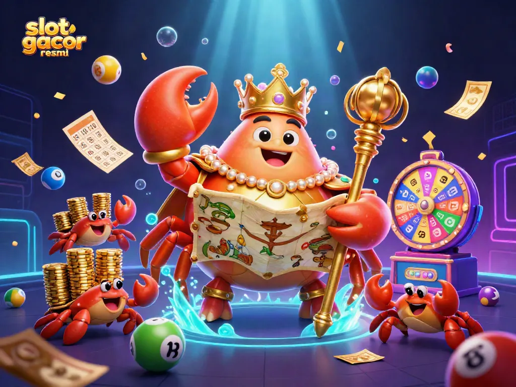 Spin to win at slot gacor resmi with a vibrant 3D illustration of a golden crab and gaming elements