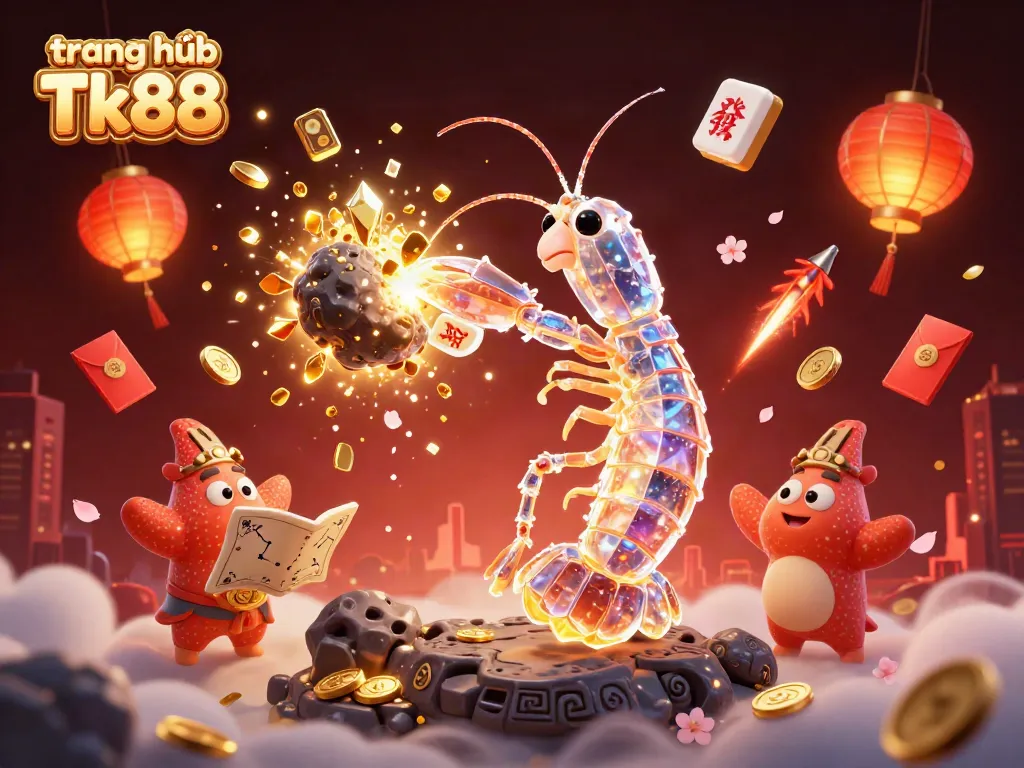 Experience the dynamic adventures at trang chủ Tk88 with a galactic mantis shrimp and starfish amidst vibrant casino imagery.