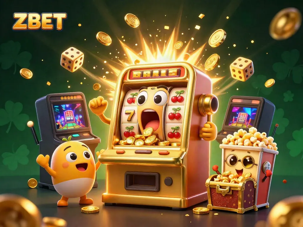 Experience ZBET's thrilling jackpot scene with animated slot machines and golden coins.