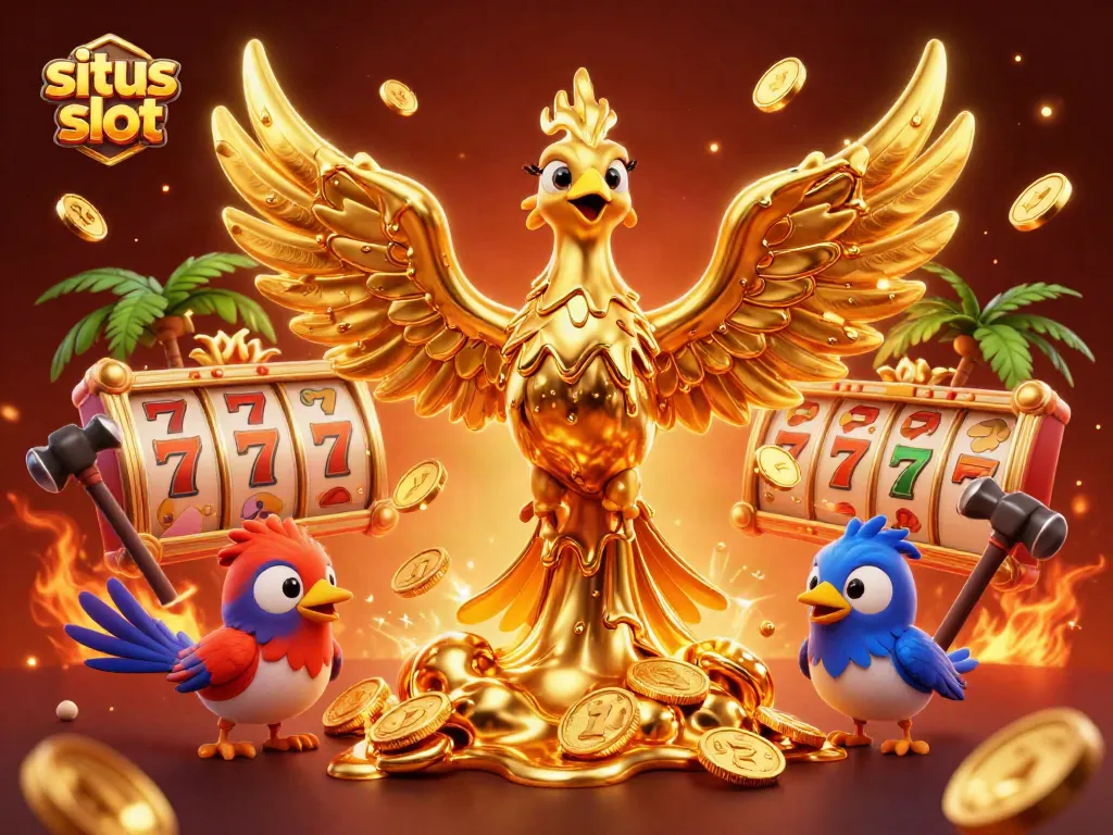 Gambarkan situs slot dengan phoenix emas dan elemen perjudian berkilau di lingkungan kasino tropis.