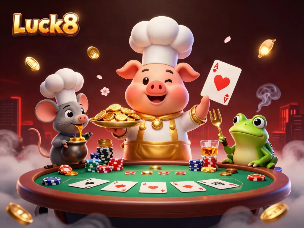 Luck8 features vibrant characters and gold coins representing a lively casino atmosphere.