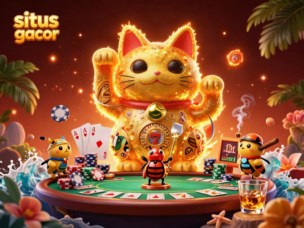 Experience the excitement of situs slot gacor with a vibrant scene featuring a golden lucky cat and dynamic casino elements.