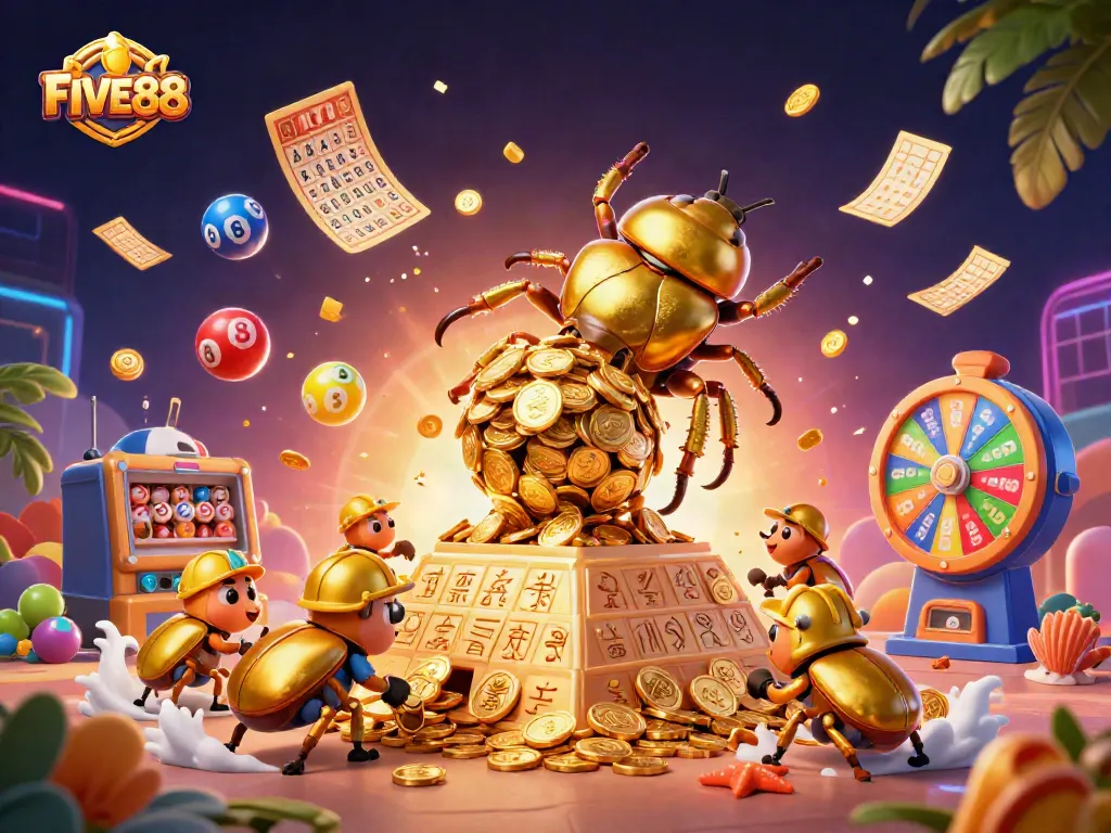 Experience the dynamic gaming action at FIVE88 with a vibrant 3D illustration showcasing exciting casino elements.