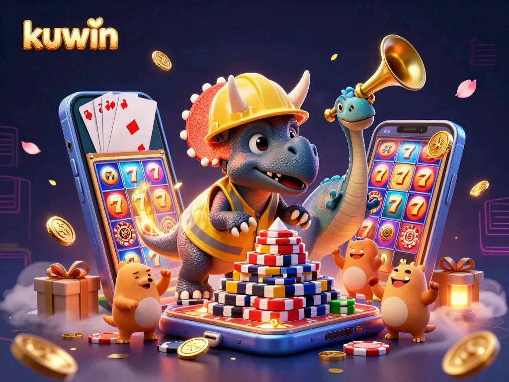 Kuwin game excitement with a triceratops building poker chip pyramid in vibrant casino scene
