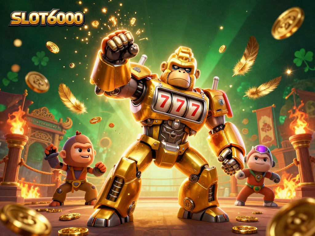 Spin the reels with SLOT6000 as the golden gorilla mech unleashes coins in a vibrant casino scene.