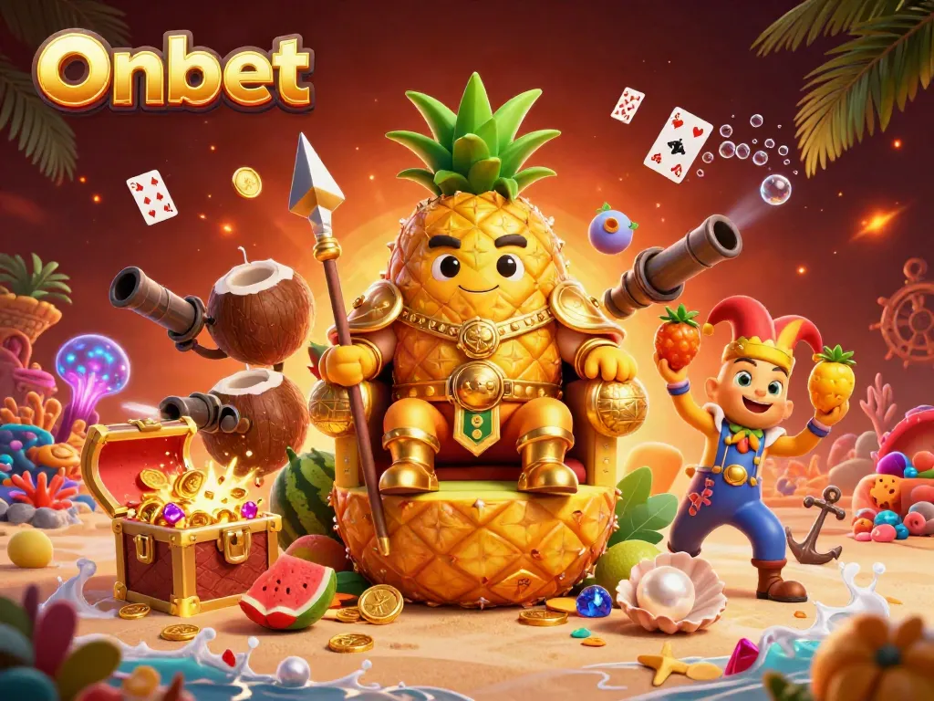 Engage in thrilling gameplay with Onbet’s vibrant casino scene featuring a golden pineapple king and treasure treasures.