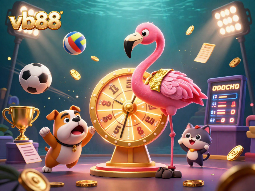 Experience dynamic betting with vb88's electrifying game show scene featuring a flamingo host and bulldog contestant.