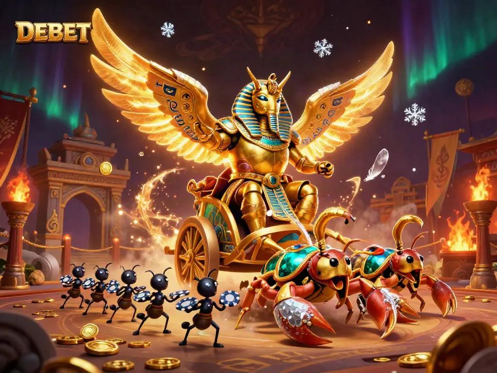 Experience dynamic gambling action with DEBET in an epic 3D casino illustration featuring vibrant characters and intricate elements.