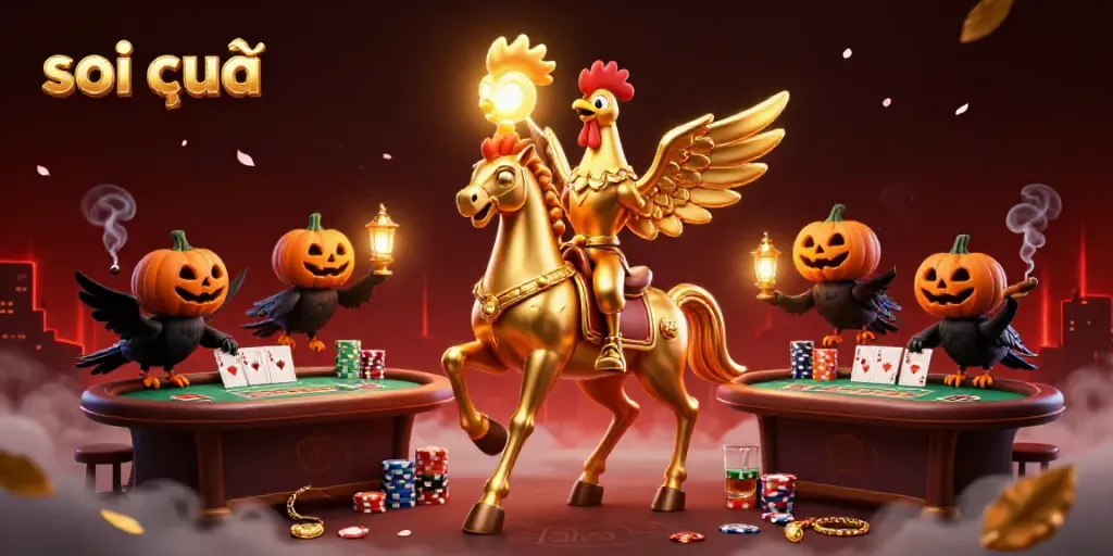 Experience thrilling soi cầu action with golden rooster and spectral horse in a vibrant casino scene.