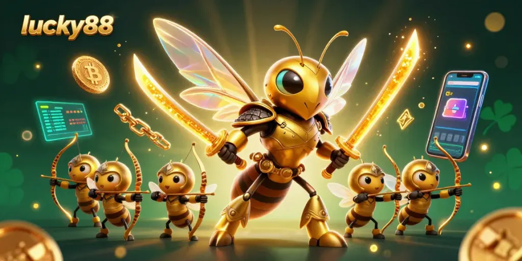 Engage in lucky88's thrilling casino experience featuring a golden hornet and dynamic 3D gaming elements.