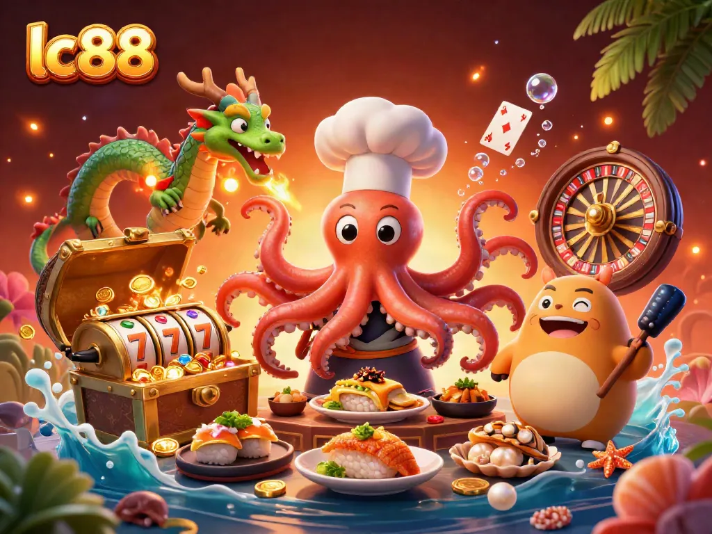 Engage with lc88 in a vibrant casino scene featuring an octopus chef, dragon, and tanuki among slot reels.