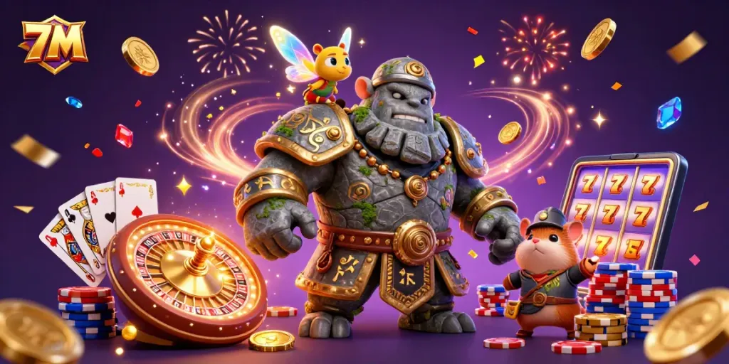 Experience excitement at 7M with sparkling gems, cascading coins, and thrilling casino elements.
