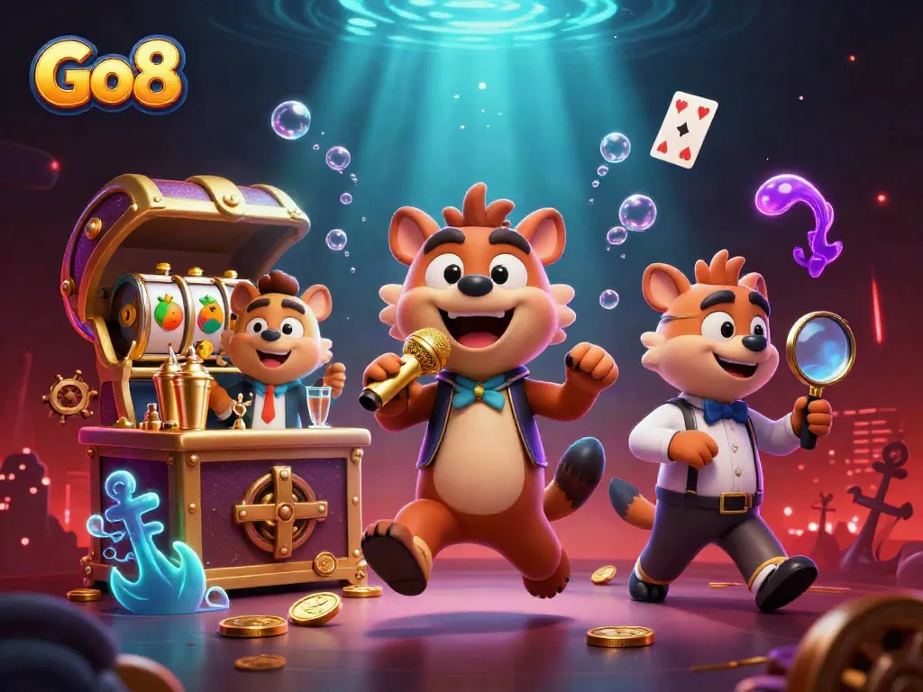 Engage in exciting gameplay at Go8's vibrant casino scene featuring lively hyenas.