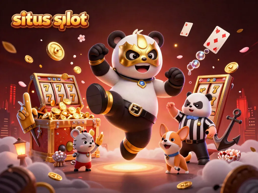 Experience exhilarating wins with situs slot featuring a lively panda wrestler, vibrant game elements, and dynamic action.