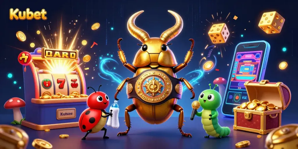 Kubet showcases a vibrant and dynamic casino scene with a giant beetle character, slot machines, and energetic game elements.