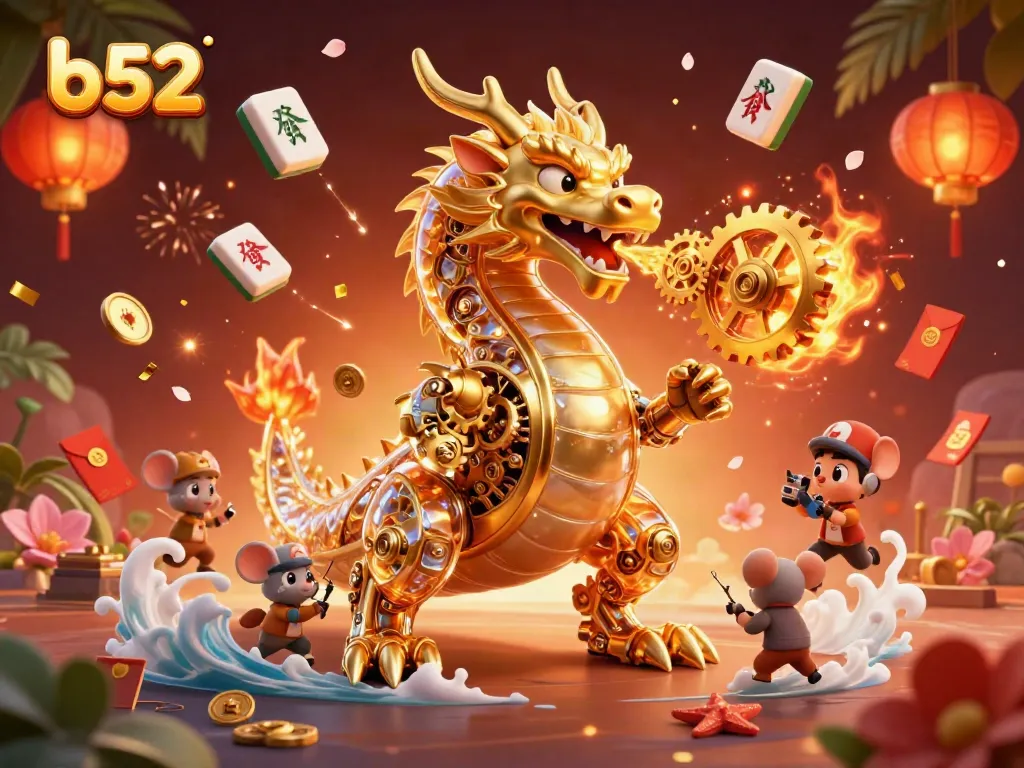 Engage in thrilling gameplay with B52; a golden dragon and engineer come alive in a vibrant casino world.