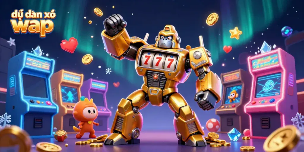 Engage in dự đoán xổ số wap with a dynamic 3D scene featuring a golden gorilla mech among casino elements and arcade games.