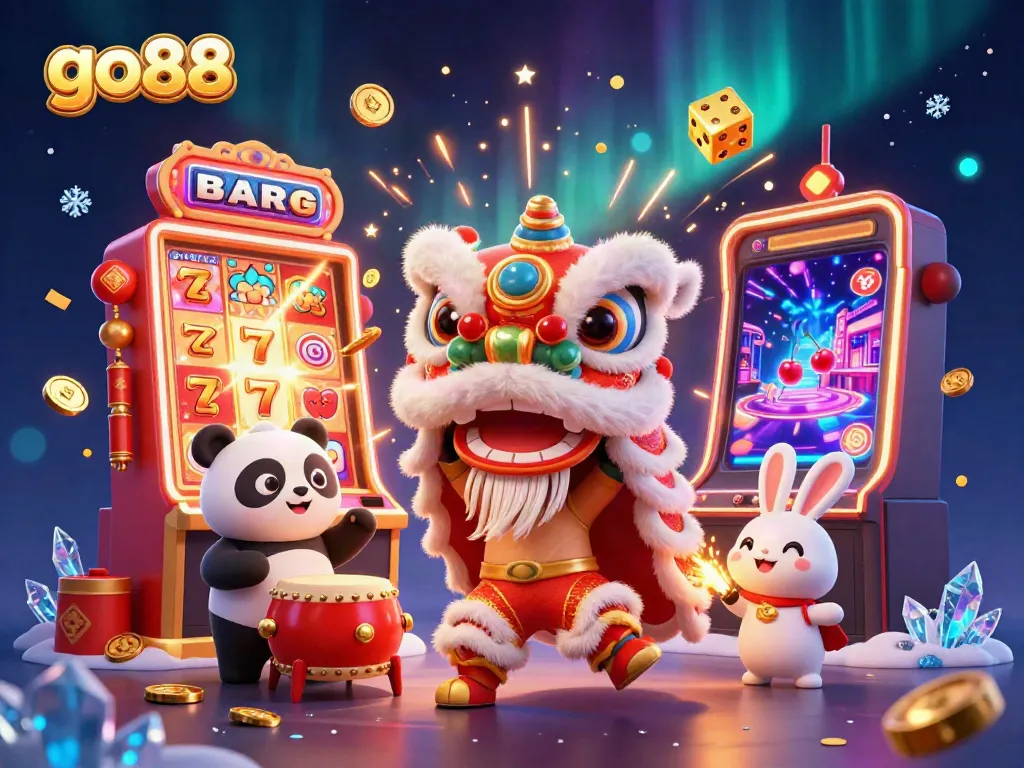 Winning at go88 with a festive lion dance and jackpot celebration in an exciting casino atmosphere.