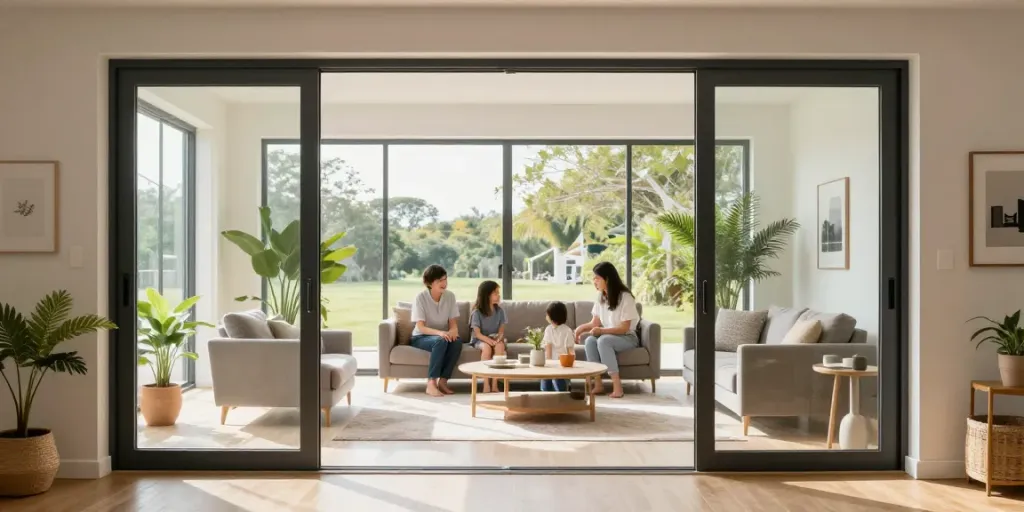 Inviting living room with family admiring new Pintu uPVC terdekat, bright natural light streaming through windows.