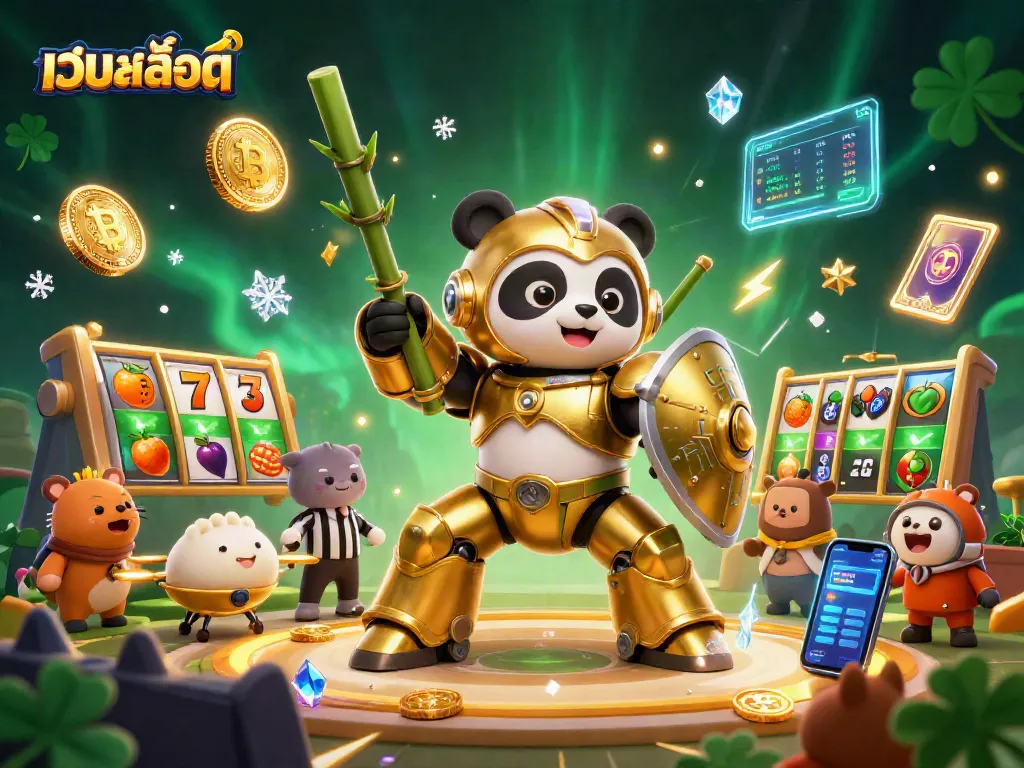 Spin the reels and win big with เว็บสล็อต, featuring a dynamic panda piloting a robot in a vibrant casino arena.