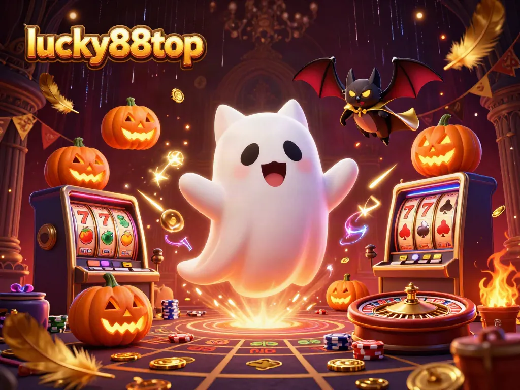 Play at lucky88top with a friendly ghost cat in a vibrant haunted casino scene filled with gaming elements.