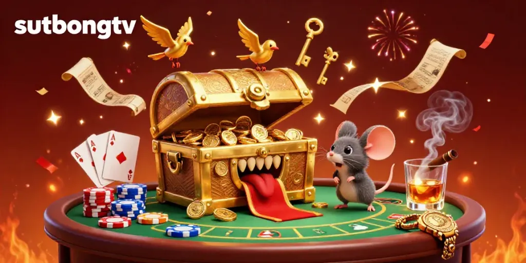 Sutbongtv showcases a vivid golden treasure chest attracting adventurer mice in this dynamic casino scene.