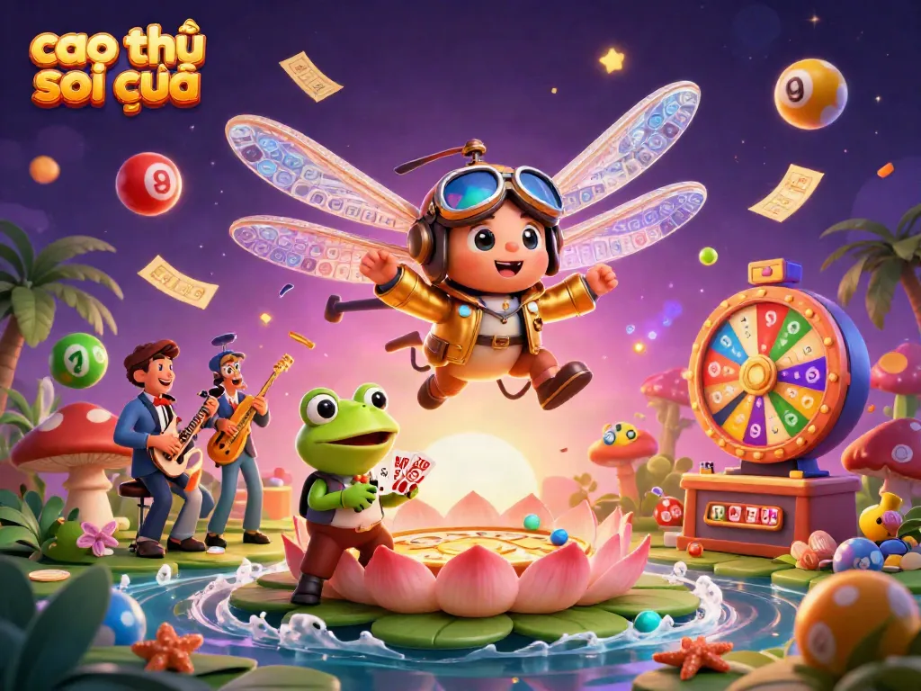 Engage in cao thủ soi cầu with vibrant lottery balls, a frog croupier, and a flying dragonfly pilot.
