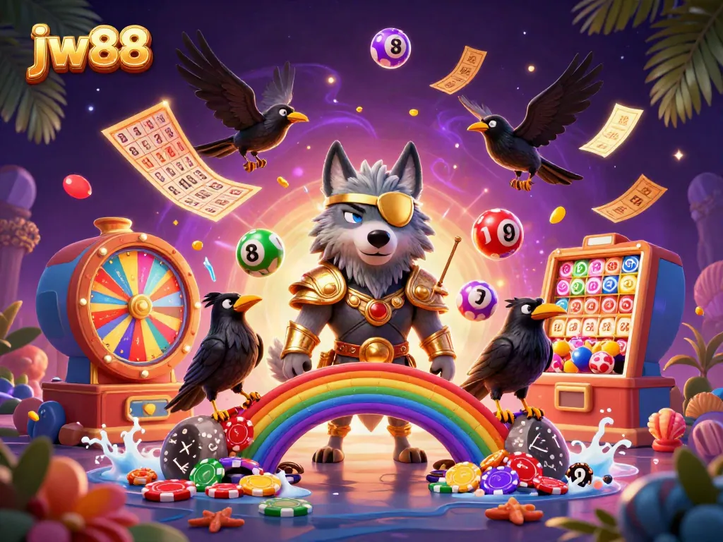 jw88 brings excitement with a vibrant casino-themed illustration showcasing dynamic games and lively elements.